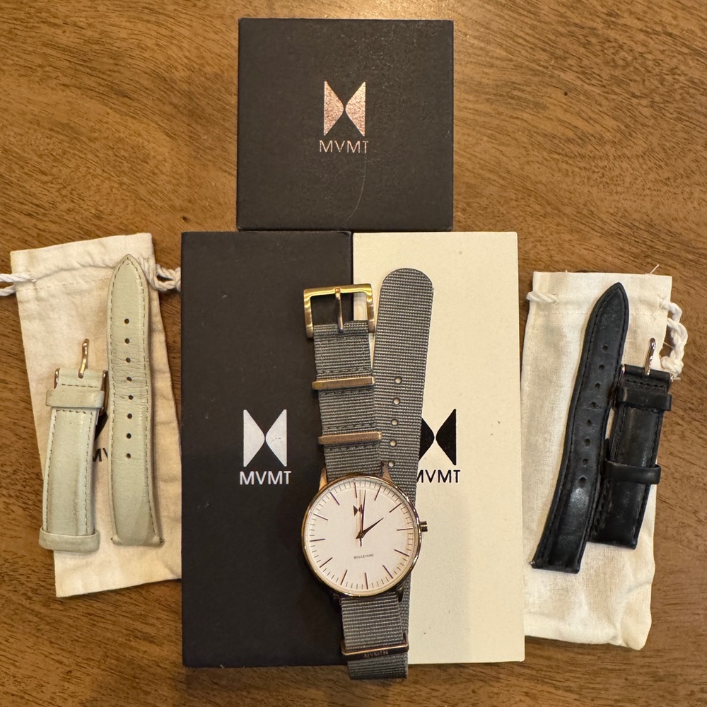 MVMT Watch with Gray, Black, and Cream Straps